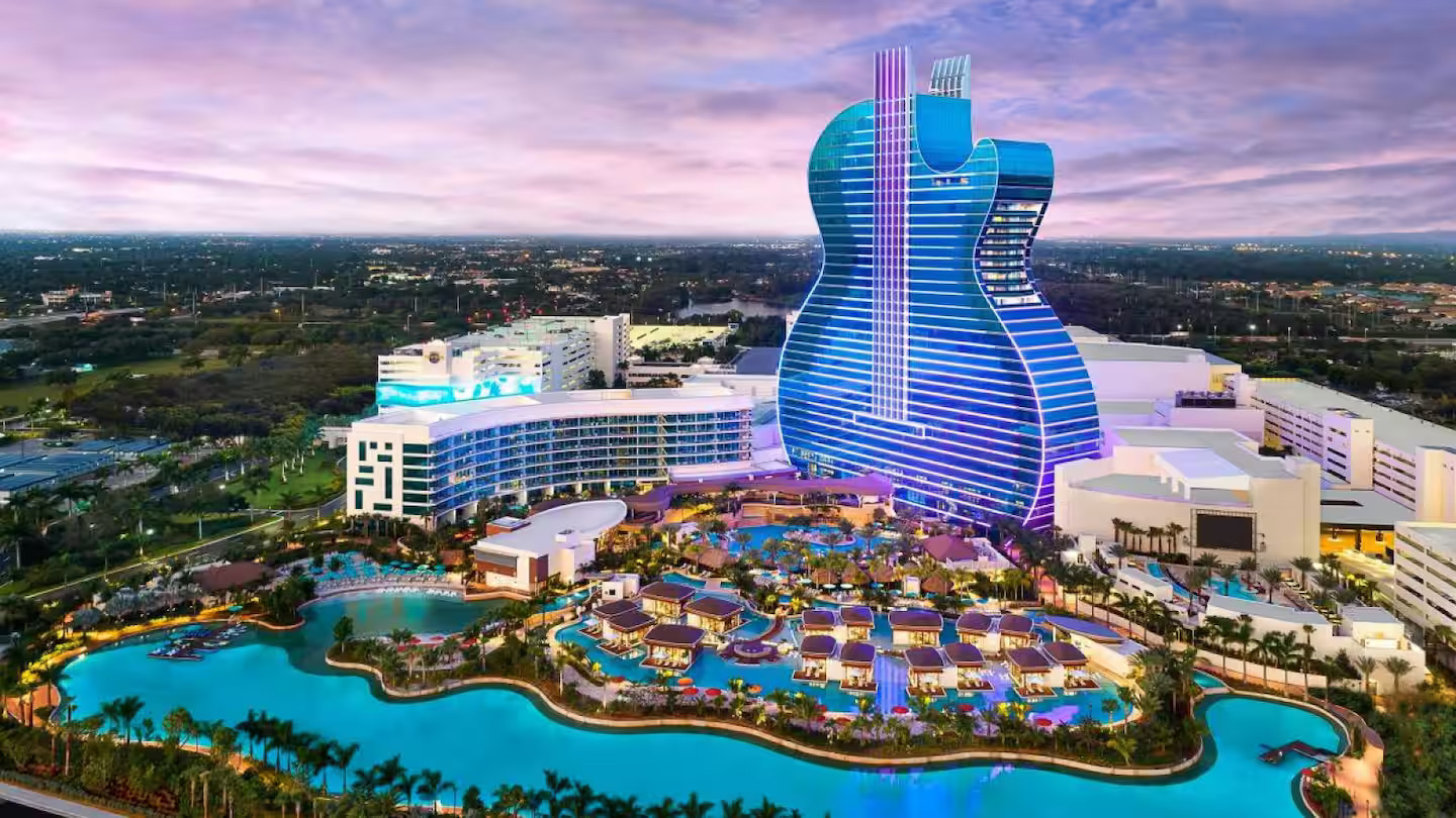 Hard Rock Hotel and Casino Hollywood Florida guitar-shaped tower at dusk